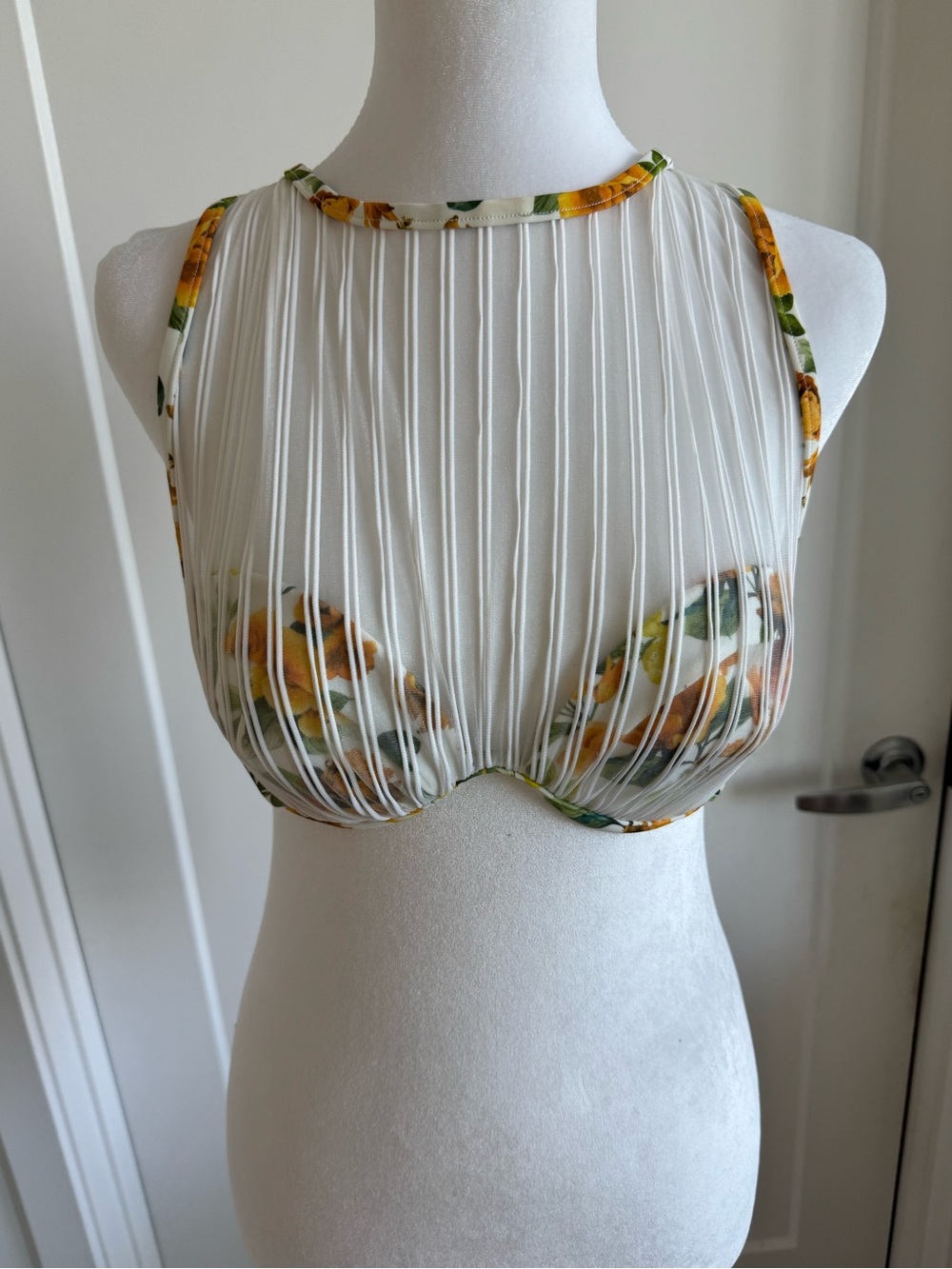 Onia White Bikini Top with Yellow Floral Trim